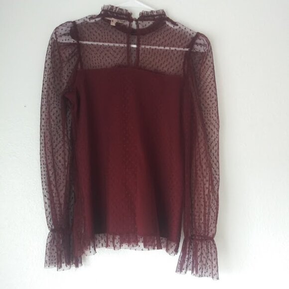 Jolie & Joy Burgundy Lace Mesh Blouse women's size S - Picture 5 of 16